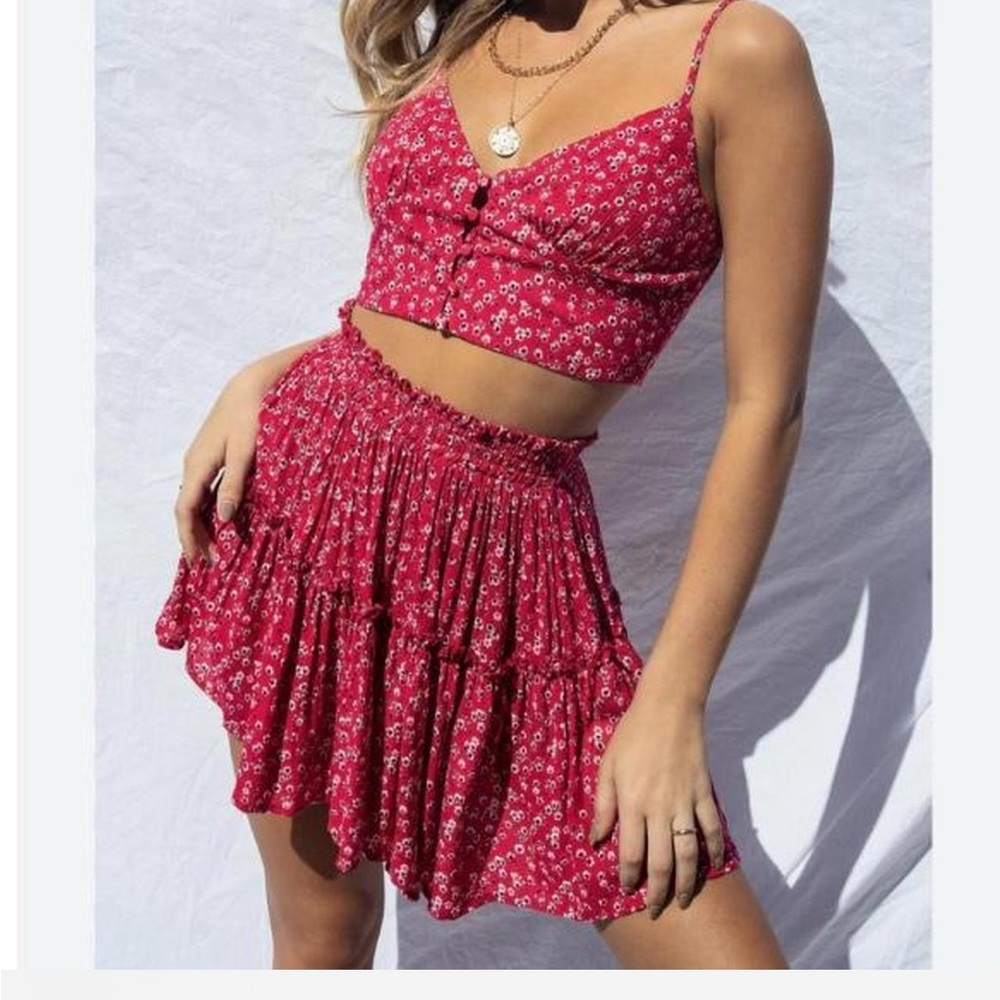 Red Ruffled Smocked Mini Skirt